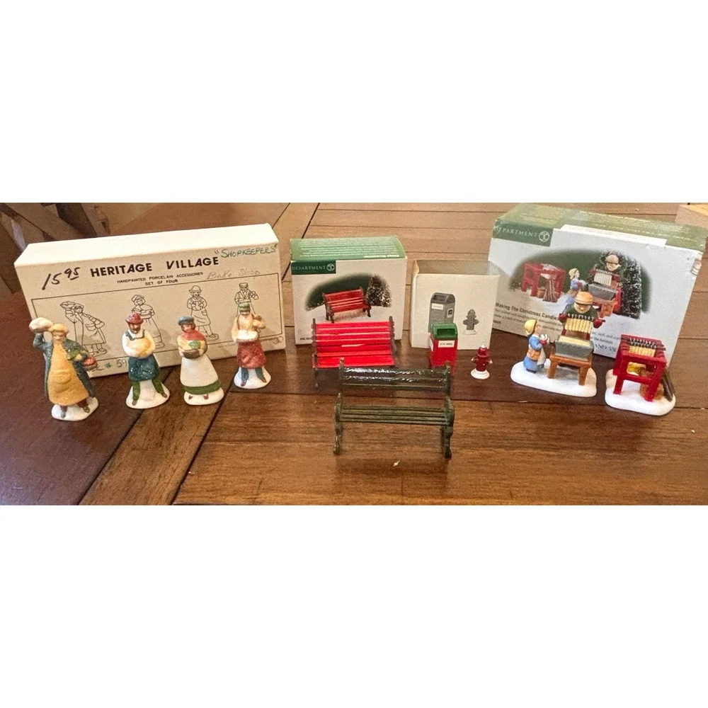 Dept 56 Village Accessories Lot: Shopkeepers, Candle Maker, Benches, Mailbox